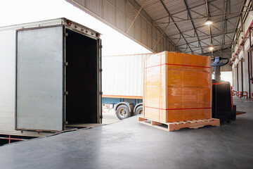 Package Boxes Wrapped Plastic on Pallets Loading into Container Truck. Distribution Warehouse Shipping, Supply Chain Supplies, Shipment. Freight Truck Logistics Transport.