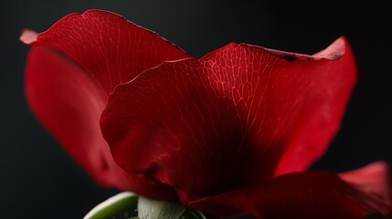 Close-up of a single red rose petal, isolated with fine details of its texture and natural curvature