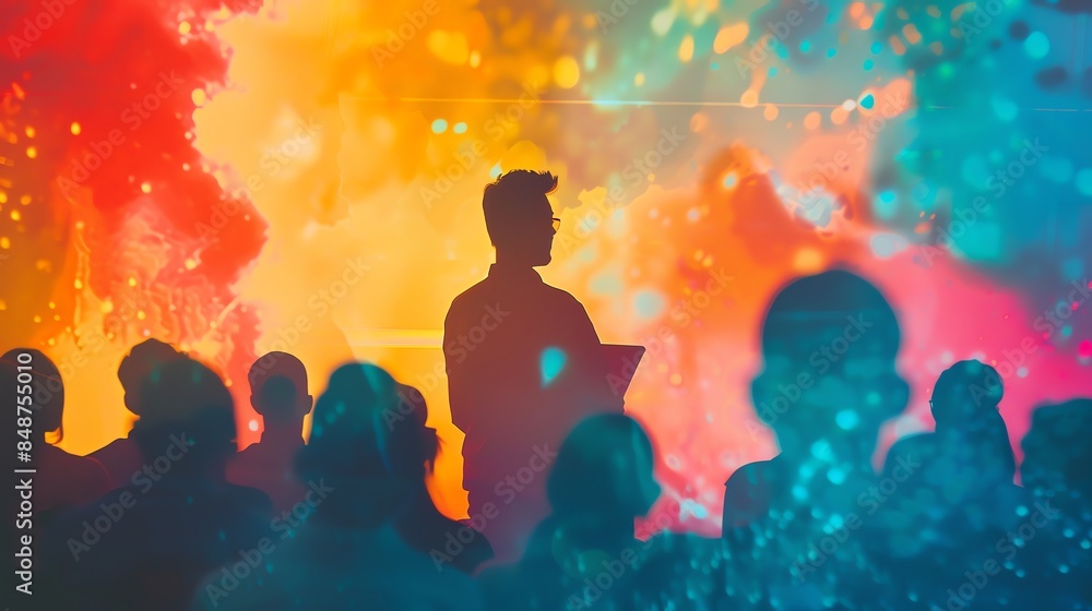 Aufkleber teacher giving a lecture close up, focus on, copy space colorful and dynamic colors double exposure 
