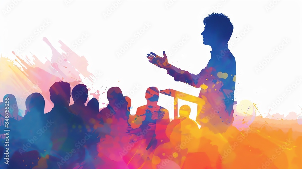 Aufkleber teacher giving a lecture close up, focus on, copy space colorful and dynamic colors double exposure 