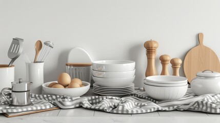 Dishes and kitchen accessories for baking on the kitchen table on a white background. accessory on white background. 