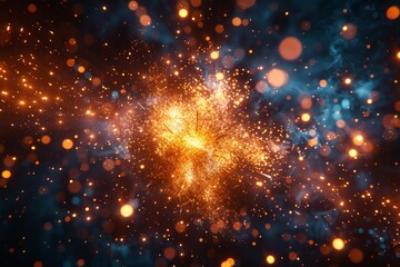 Obraz premium Vibrant Cosmic Explosion with Glowing Particles, Bright Orange Sparks, and Blue Nebula in Outer Space Fantasy Background