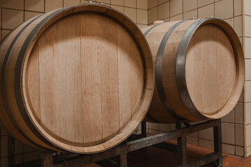 Wooden Barrels in a Winery Cellar