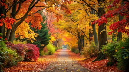 Autumn pathway surrounded by colorful leaves and branches , autumn, tapestry, leaves, branches, tranquil, path, fall, nature