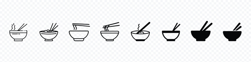 bowl and chopstick vector icon set. Rice bowl food restaurant icon, Soup Bowl icon set. hot curry bowl vector symbol. Noodles icon with chopsticks, bowl of noodle or soup with chopstick 