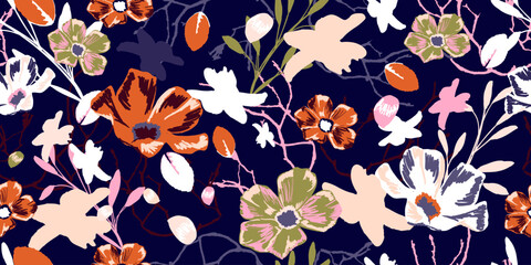 Obraz premium Dark Floral Background with Giant flowers. Vintage Botanical Wallpaper. Can be used for Print on fabric, wrapping paper, wallpaper