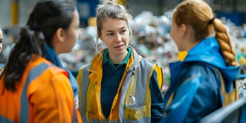 Waste expert teaching students recycling with passion for sustainability in garbage facility. Concept Recycling Education, Waste Management, Sustainability Practices, Environmental Awareness