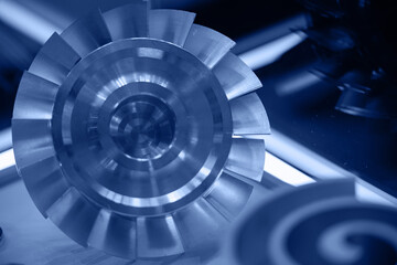 Macro steel blades of turbine propeller blue color toning