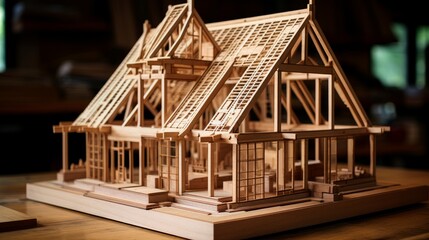 Fototapeta premium Construction of a wooden house according to architect's drawings. Frame of a wooden building. Construction of a house from wooden beams. Frame model of a wooden house