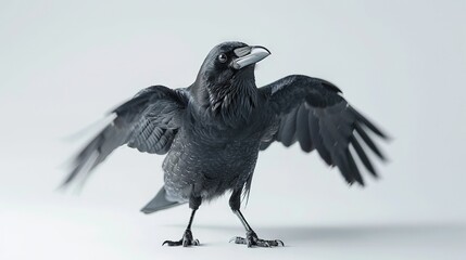 Fototapeta premium A black bird with wings spread wide, on a white background