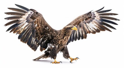   A close-up of a bird of prey with its wings spread wide on a white background
