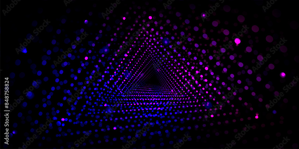 Poster neon glow dots in form of triangular tunnel of blue and purple gradient color on black background. r