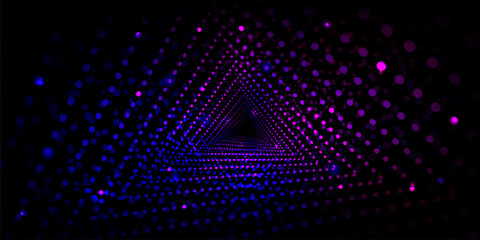 Fototapeta premium Neon glow dots in form of triangular tunnel of blue and purple gradient color on black background. Realistic 3d vector illustration of abstract futuristic geometric triangle shape bg go to infinity.
