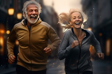 An elderly joyful married couple is jogging along a city street. Gray-haired man and woman doing sports early in the morning or at sunset.