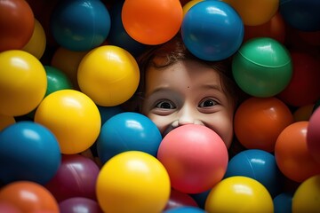 The face of a happy boy looks out from a pile of colorful balls in a dry pool.