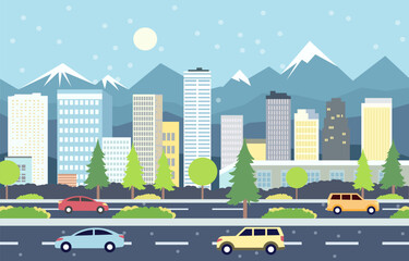 Flat Design Illustration of Cars Vehicle in City Road Traffic with Cityscape in Snow Season