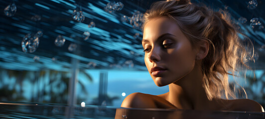The swimming pool is shown In the middle of the photo beauty women, ai generative