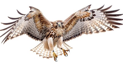   Close-up of bird of prey with wings open and extended talons against white background