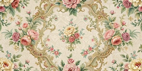 Delicate floral and intricate scrollwork seamlessly intertwined in a Rococo style pattern, floral, intricate, seamless