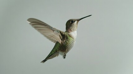 Fototapeta premium A hummingbird flies in mid-air, wings open wide, beak pointed down