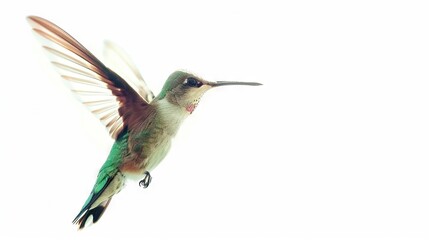   A hummingbird in flight, with outstretched and wide-spread wings against a white backdrop