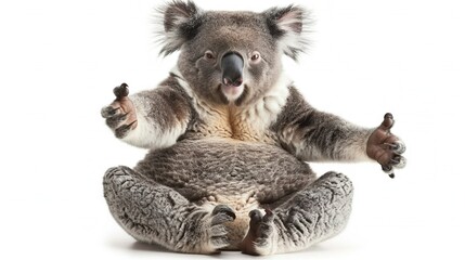   A koala sitting in a yoga pose with arms extended and eyes opened wide