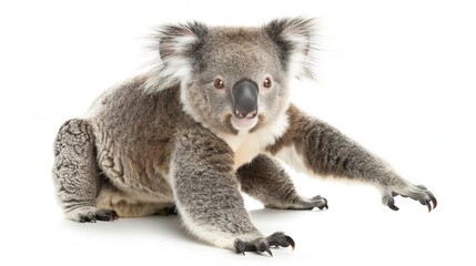 Obraz premium A koala rests on the ground with open legs and a turned head
