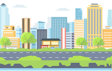 Flat Design Illustration of Road Traffic in City with Cityscape Building in Bright Day