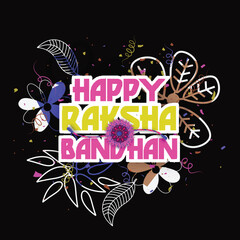 Sticker Style Happy Raksha Bandhan Text Adorned by Floral on Dark Background, Can Be Used as Greeting Card.