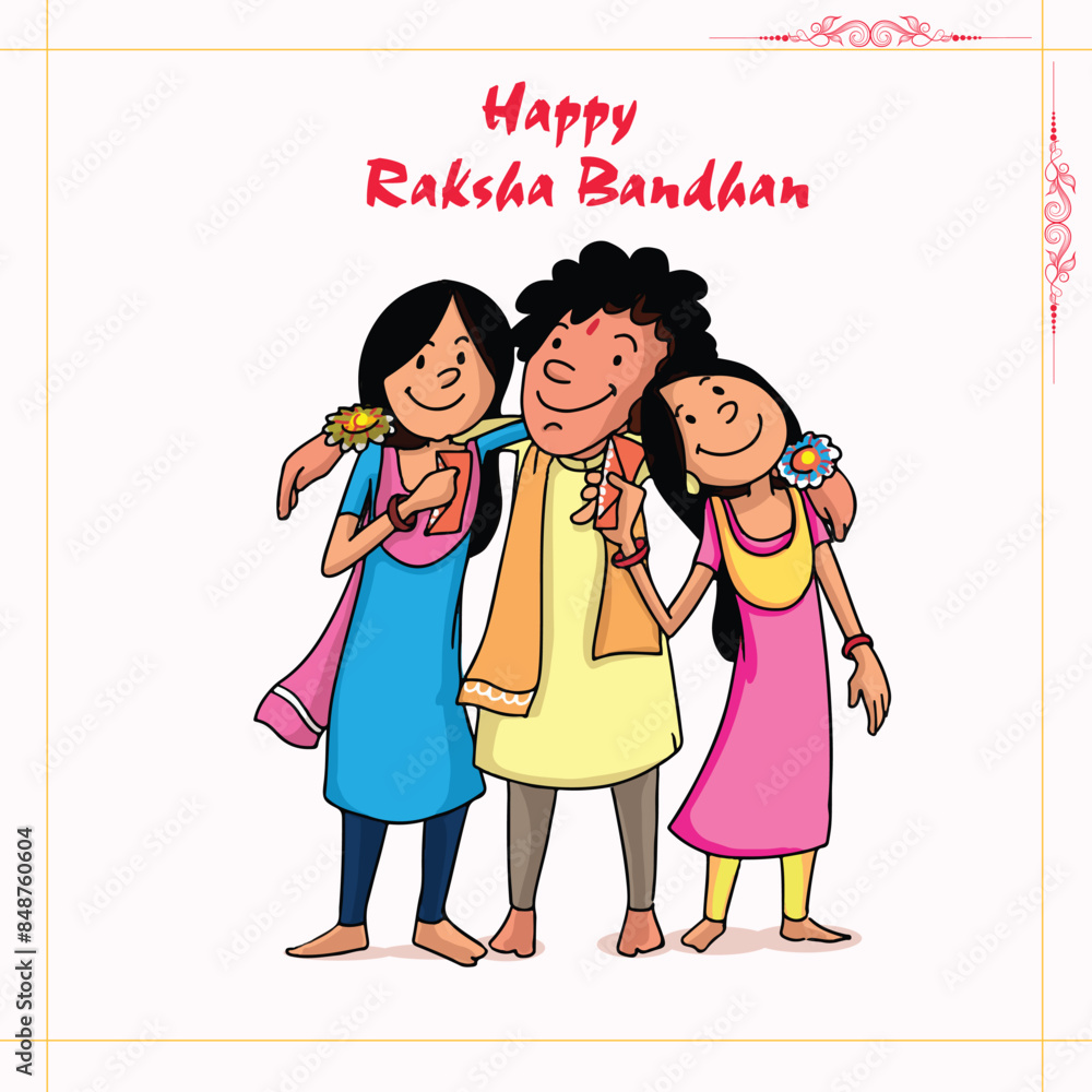 Wall mural indian brother and sisters characters after celebrating raksha bandhan on white background, can be u