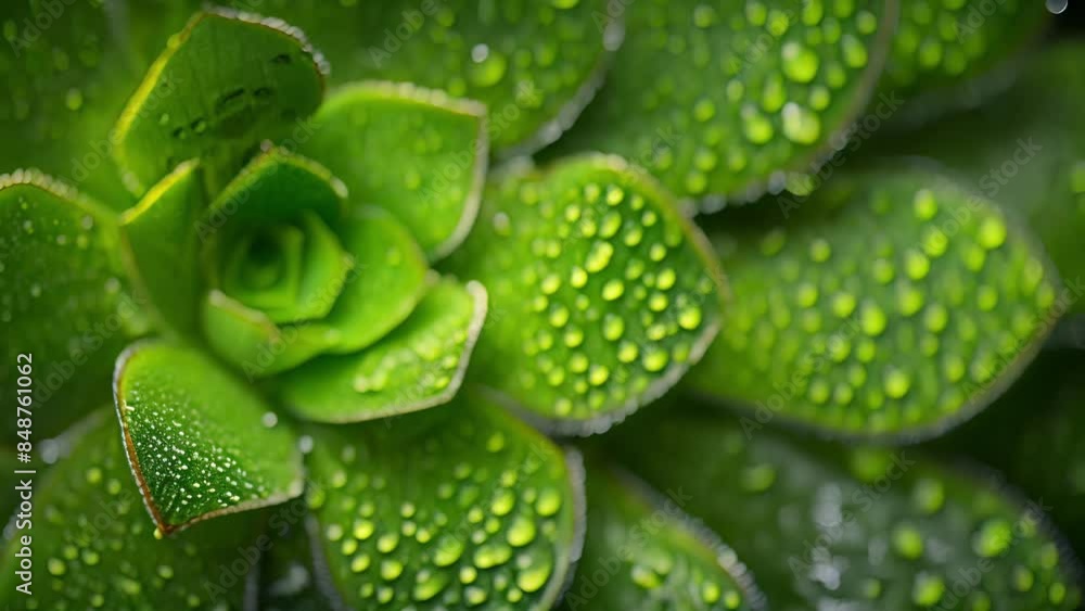 Poster a macro view of a waxy succulent leaf highlighting the tiny water droplets that collect on its surfa