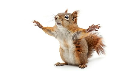 Obraz premium A squirrel standing on its hind legs with its front paws raised high