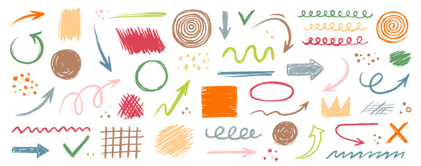 Arrow abstract brush line stroke color vector set. Kid color paint square, spiral, arrow element shape scribble line brush hand drawn sketch design. Grunge abstract chalk, crayon pencil style. Vector