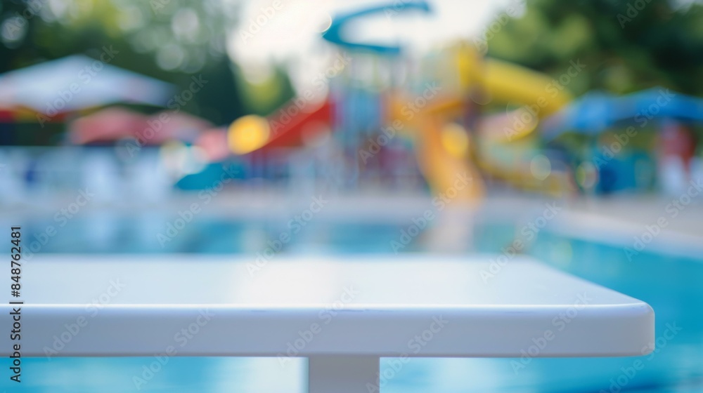 Poster a white table in front of a pool with slides and a water playground. generative ai.