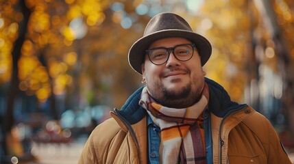 Fototapeta premium Confident Overweight Man Smiling in Vibrant Autumn City Park