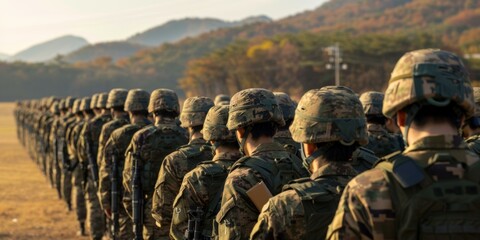 A long line of soldiers in uniform marching down a field. Generative AI.