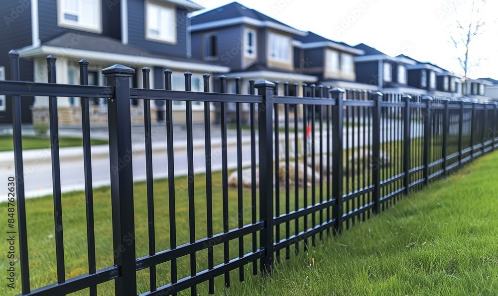 Poster a black fence in front of a row of houses with grass. generative ai.