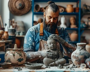Overweight Sculpting Clay Figure in Well Lit Studio Focused on Creative Process