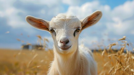 Fototapeta premium A close-up of a goat in a green field, with a blue sky and fluffy clouds visible behind it