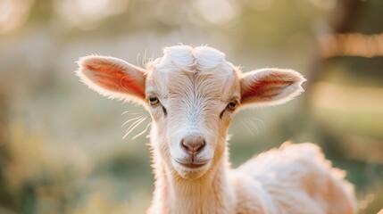 Obraz premium a baby goat looking directly at the camera with trees in focus in the background