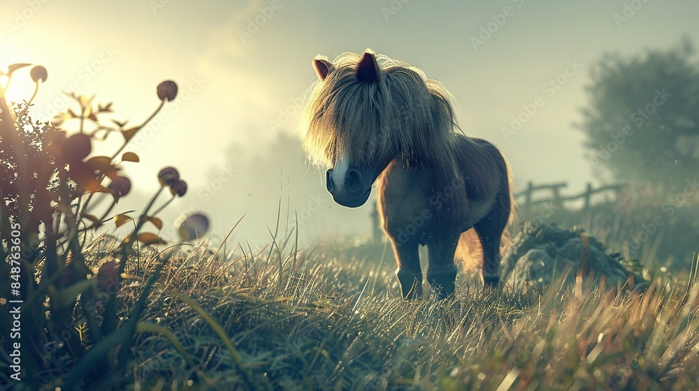 Canvas Prints   A tiny steed grazes in a verdant meadow surrounded by towering blades and vibrant flora