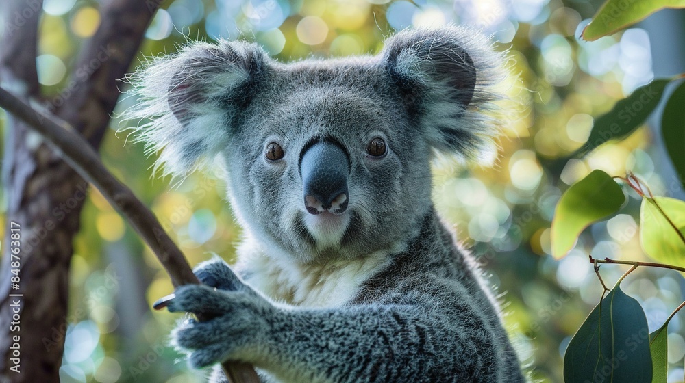 Poster a koala on a tree branch surrounded by sharp leaves against a soft background