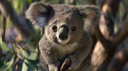   A close-up photo of a koala perched in a tree with a wistful gaze directed towards the camera