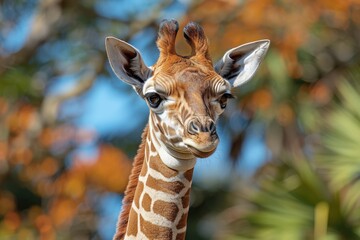 A baby giraffe standing close to its mother in the savannah, looking up at her. The background includes acacia trees and a clear blue sky