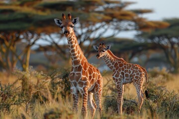 Obraz premium A baby giraffe standing close to its mother in the savannah, looking up at her. The background includes acacia trees and a clear blue sky