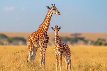 Obraz premium A baby giraffe standing close to its mother in the savannah, looking up at her. The background includes acacia trees and a clear blue sky