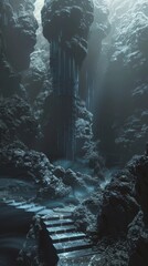 Fototapeta premium Abstract fantasy place with street, stairs, cave, and tunnel. HD and 4K wallpapers for desktop. Dark background. Landscape background.