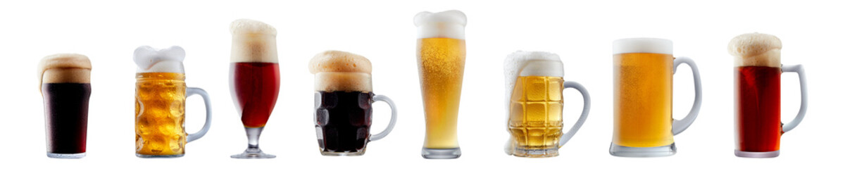 Set of beer cocktails with foam isolated on white background