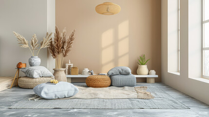 Relaxing interior design composition in warm beige colors with zen elements and natural lighting....