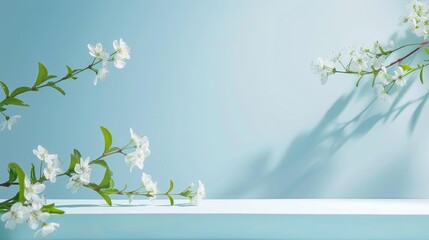 Minimalist plain blue background for product photography with white shelves, green leaves and cherry blossoms in the foreground